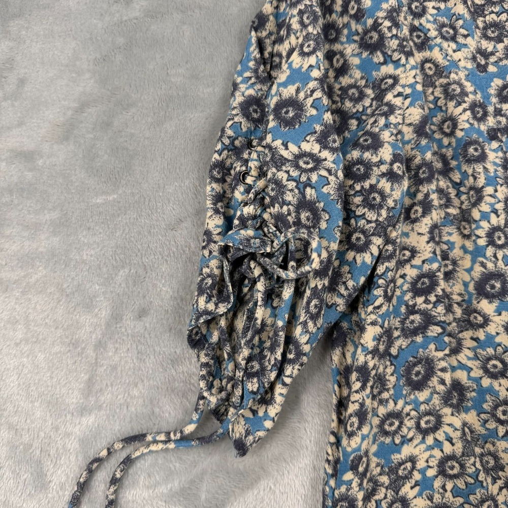 Free People Dress Women M Blue Floral Flower Power Mini Fit & Flare Boho Lace Up - Picture 10 of 11